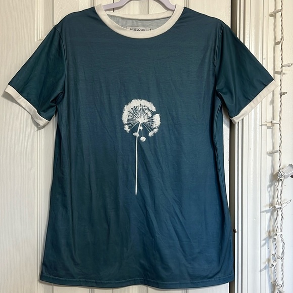MISSLOOK Women XL Teal Green w/ White Dandelion Graphic Short Sleeve T-Shirt - Picture 2 of 7